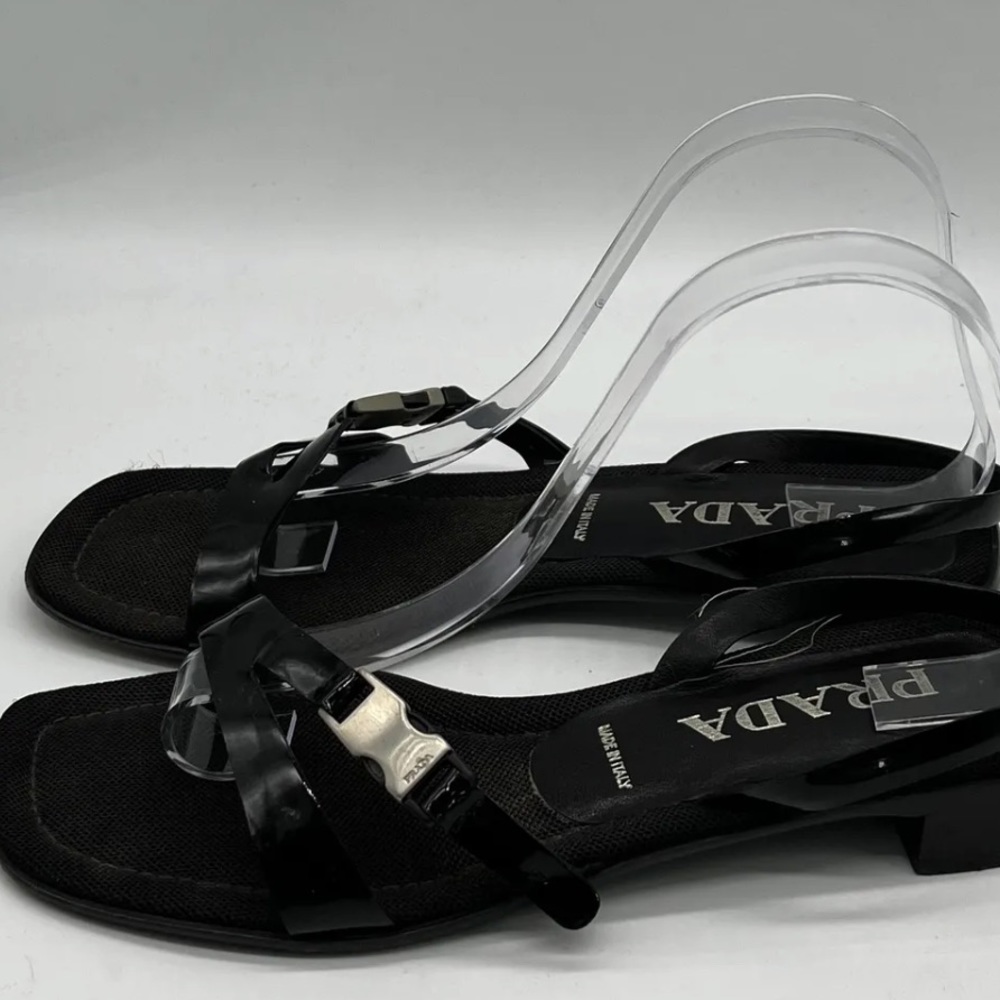 Vintage Prada square toe metal logo buckle sandal